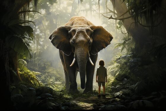 Na floresta, criança e elefante compartilham um momento de pura calma. sersaudável