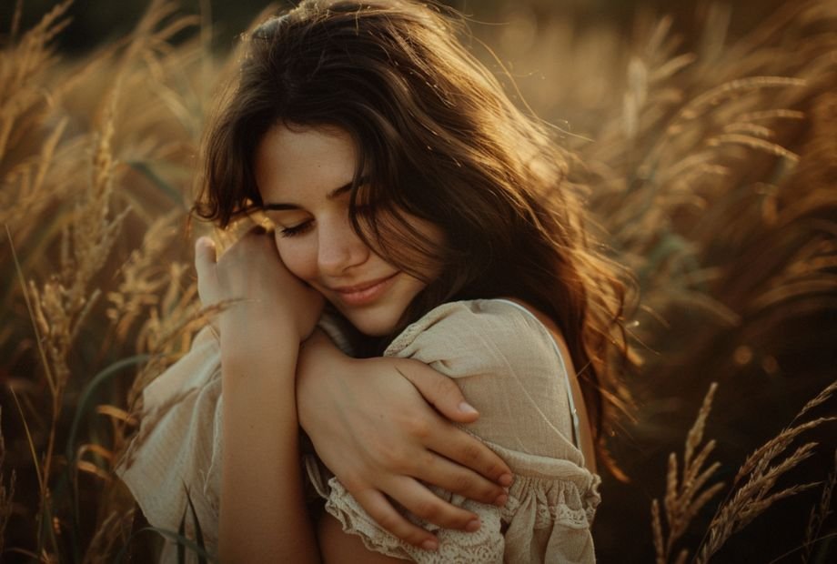 mulher abraçando a si mesma sinalizando um estado de paz se plenitude Mental